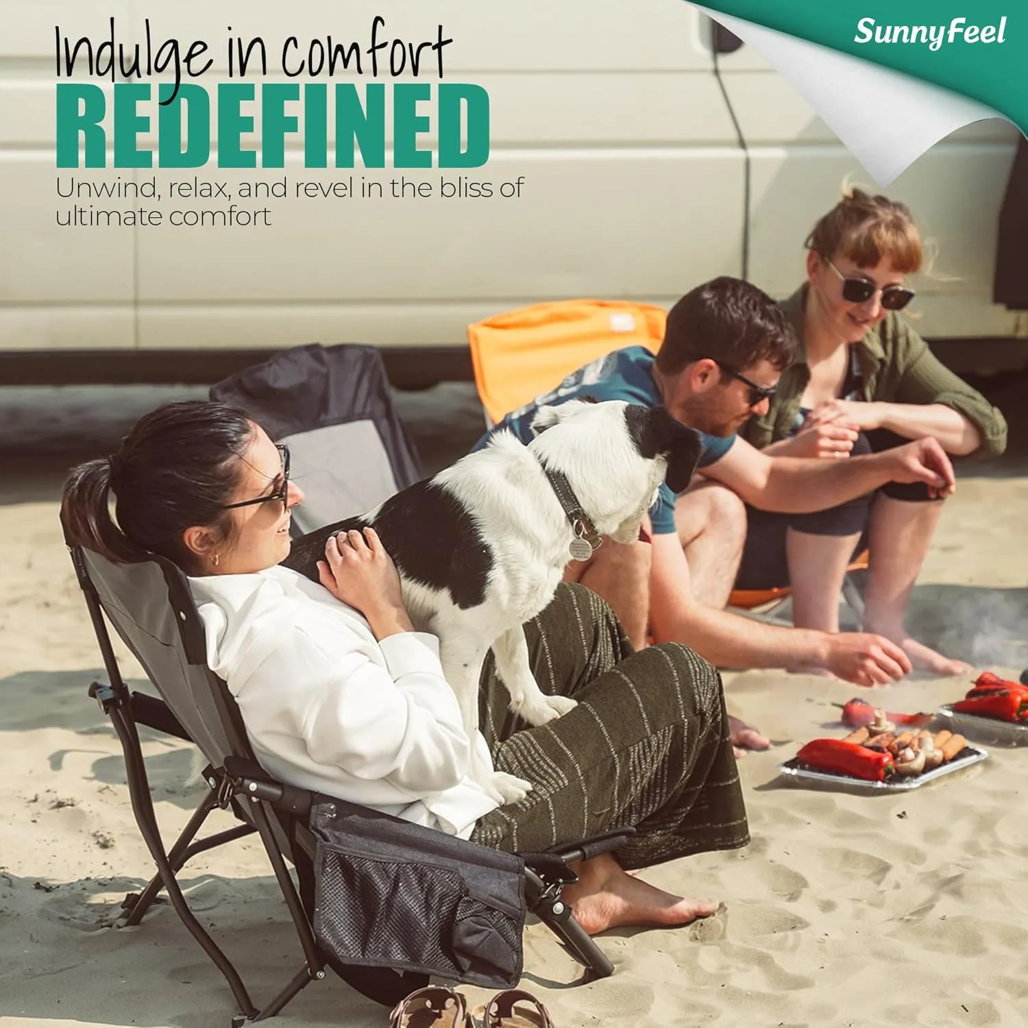 SUNNYFEEL Low Folding Beach Chair for Adults, Portable Lightweight Sling Beach Camping Chairs with Cup Holder, Armrest,Foldable Camp Lawn Chair for Outdoor Sand Concert Travel Sport Events,300LBS
