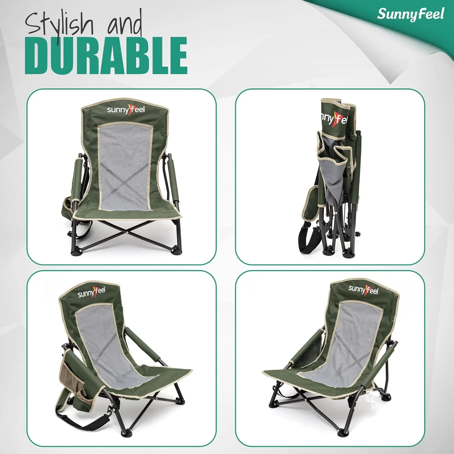 SUNNYFEEL Low Folding Beach Chair for Adults, Portable Lightweight Sling Beach Camping Chairs with Cup Holder, Armrest,Foldable Camp Lawn Chair for Outdoor Sand Concert Travel Sport Events,300LBS