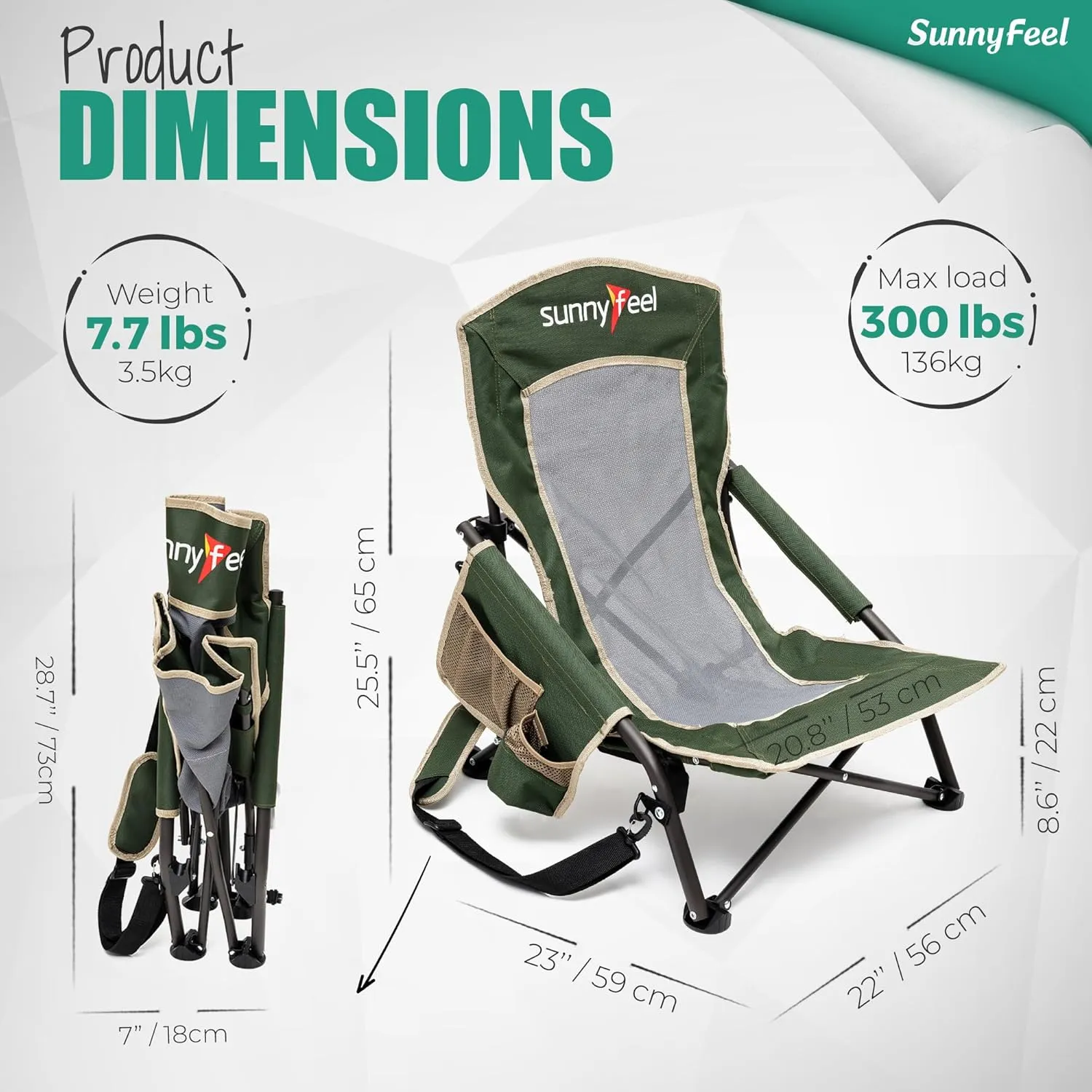 SUNNYFEEL Low Folding Beach Chair for Adults, Portable Lightweight Sling Beach Camping Chairs with Cup Holder, Armrest,Foldable Camp Lawn Chair for Outdoor Sand Concert Travel Sport Events,300LBS