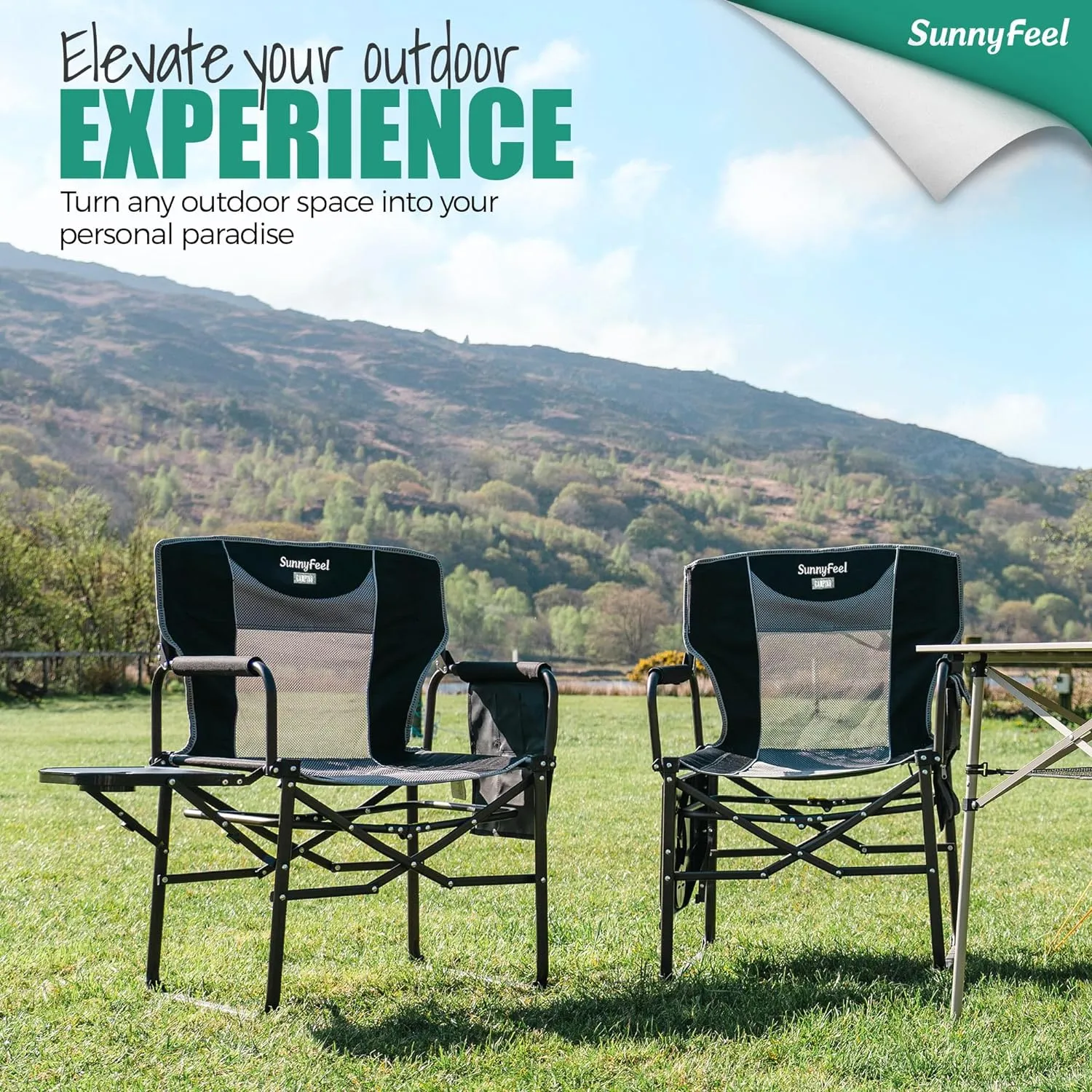 SUNNYFEEL Oversized Camping Directors Chair 500 LBS Heavy Duty, Portable Folding Chair with Side Table, Pocket for Beach, Fishing,Trip,Picnic,Lawn,Concert Outdoor Foldable Camp Chairs