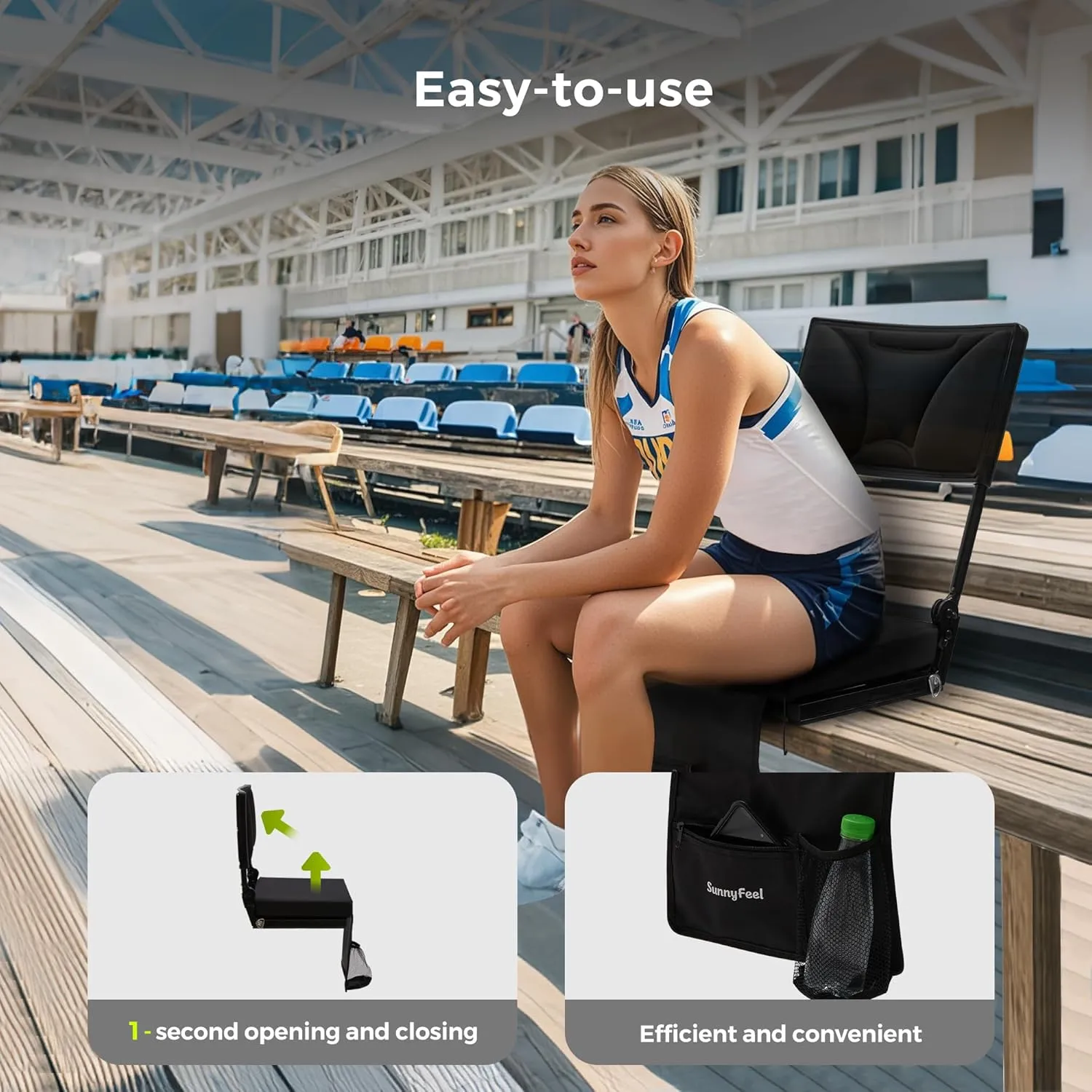 SUNNYFEEL Stadium Seats with Back Support Cushion Wide for Bleachers, Bleacher Chairs with Back and Cushion Padded Portable, Stadium Chairs with 5 Hidden Pockets (Black, Extra Wide 25.2'') (1, High)