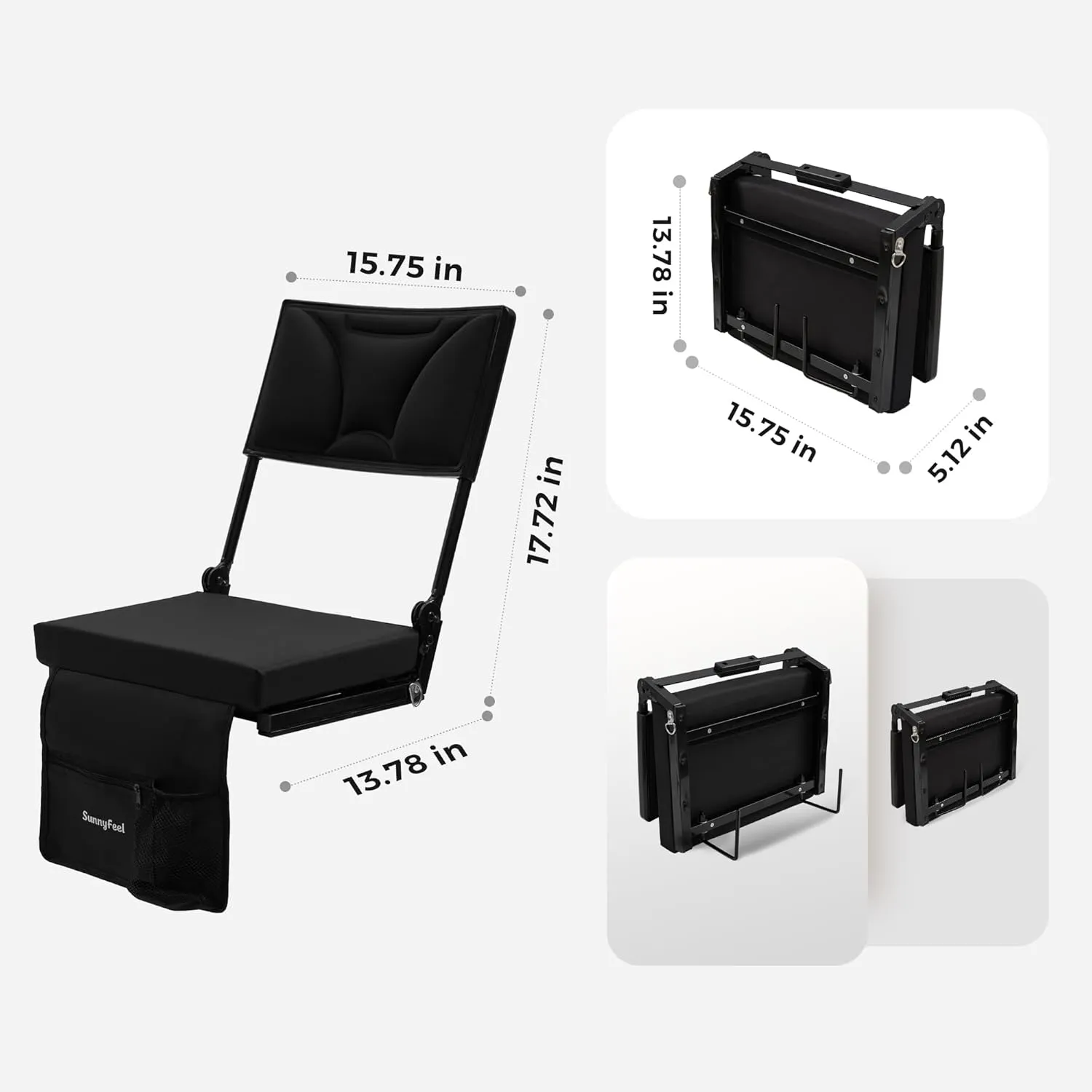SUNNYFEEL Stadium Seats with Back Support Cushion Wide for Bleachers, Bleacher Chairs with Back and Cushion Padded Portable, Stadium Chairs with 5 Hidden Pockets (Black, Extra Wide 25.2'') (1, High)