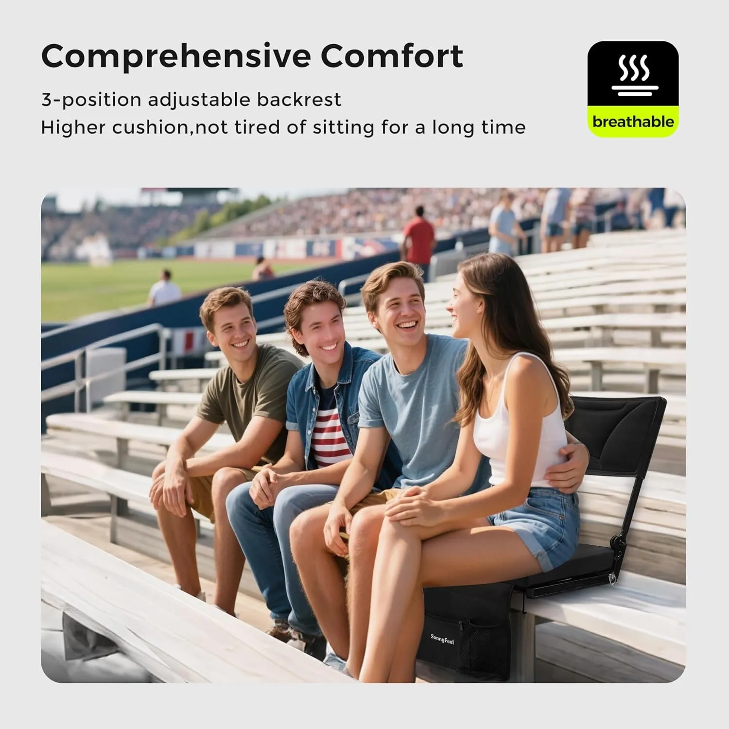 SUNNYFEEL Stadium Seats with Back Support Cushion Wide for Bleachers, Bleacher Chairs with Back and Cushion Padded Portable, Stadium Chairs with 5 Hidden Pockets (Black, Extra Wide 25.2'') (1, High)