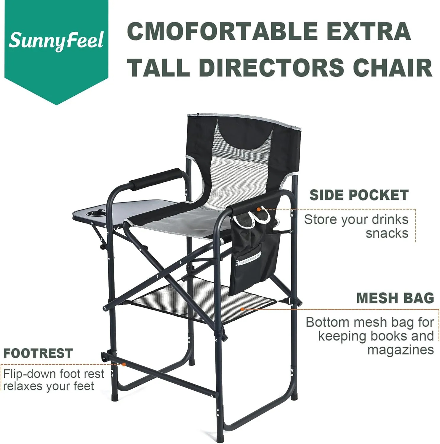 SUNNYFEEL Tall Camping Directors Chair, Portable Folding Artist Makeup Chair with Side Table, Pocket, Footrest, Heavy Duty for Beach,Trip,Picnic,Concert Outdoor Foldable Camp Lawn Chairs