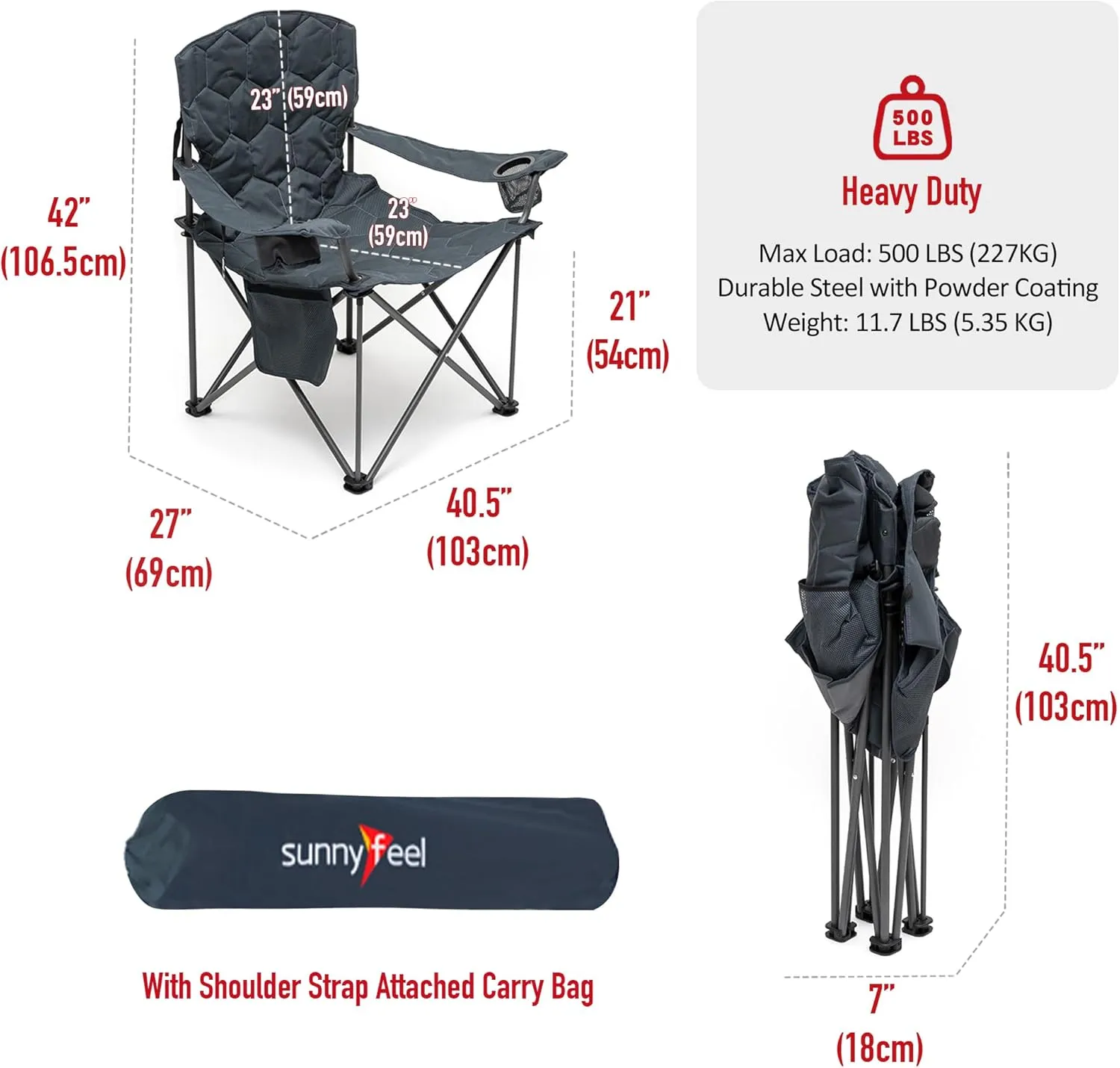 SUNNYFEEL XXL Oversized Camping Chair Heavy Duty 500 LBS for Big Tall People Above 6'4 Padded Portable Folding Sports Lawn Chairs with Armrest Cup Holder & Pocket for Outdoor/Travel/Picnic/Camp