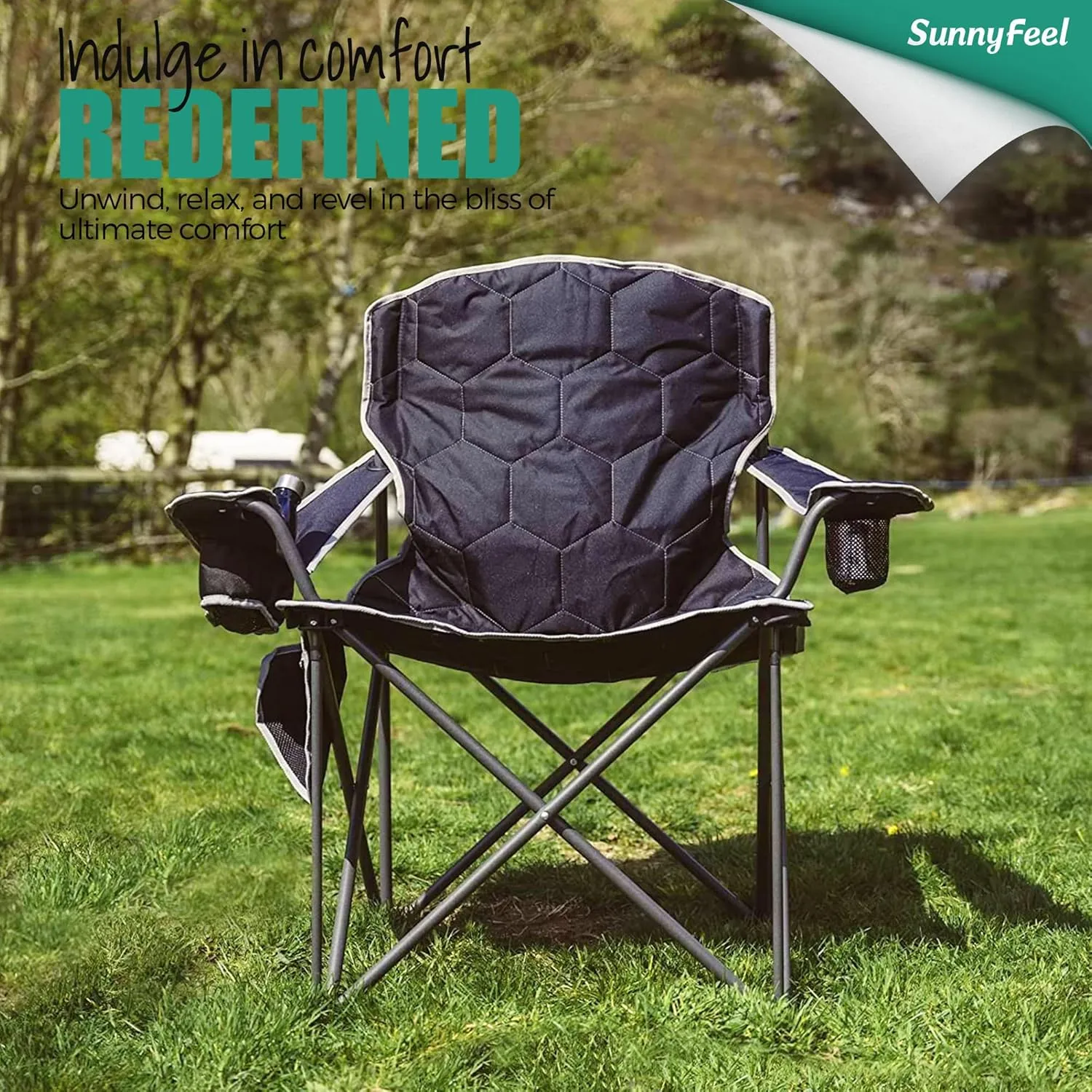 SUNNYFEEL XXL Oversized Camping Chair Heavy Duty 500 LBS for Big Tall People Above 6'4 Padded Portable Folding Sports Lawn Chairs with Armrest Cup Holder & Pocket for Outdoor/Travel/Picnic/Camp
