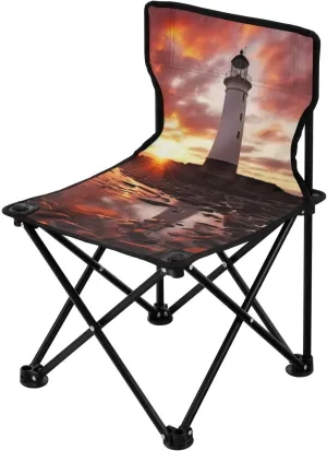 Sunset Lighthouse Portable Outdoor Folding Chair Anti-Slip Padded Oxford Cloth Stool Camping Chair Small for Beach Hiking Fishing Gardening Quad Camp Chair