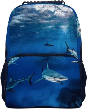 Supdreamc Men Women Polyester Blue Ocean Sea Shark Daypack Bookbag Big Capacity Shoulder Bag With Padded Straps for Climbing Travel Walking Cycling