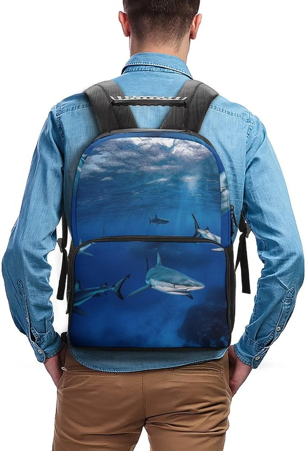 Supdreamc Men Women Polyester Blue Ocean Sea Shark Daypack Bookbag Big Capacity Shoulder Bag With Padded Straps for Climbing Travel Walking Cycling