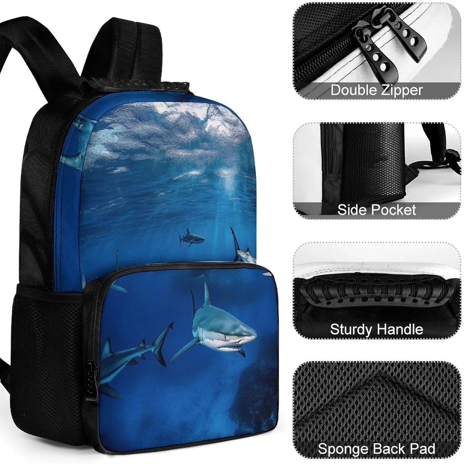 Supdreamc Men Women Polyester Blue Ocean Sea Shark Daypack Bookbag Big Capacity Shoulder Bag With Padded Straps for Climbing Travel Walking Cycling