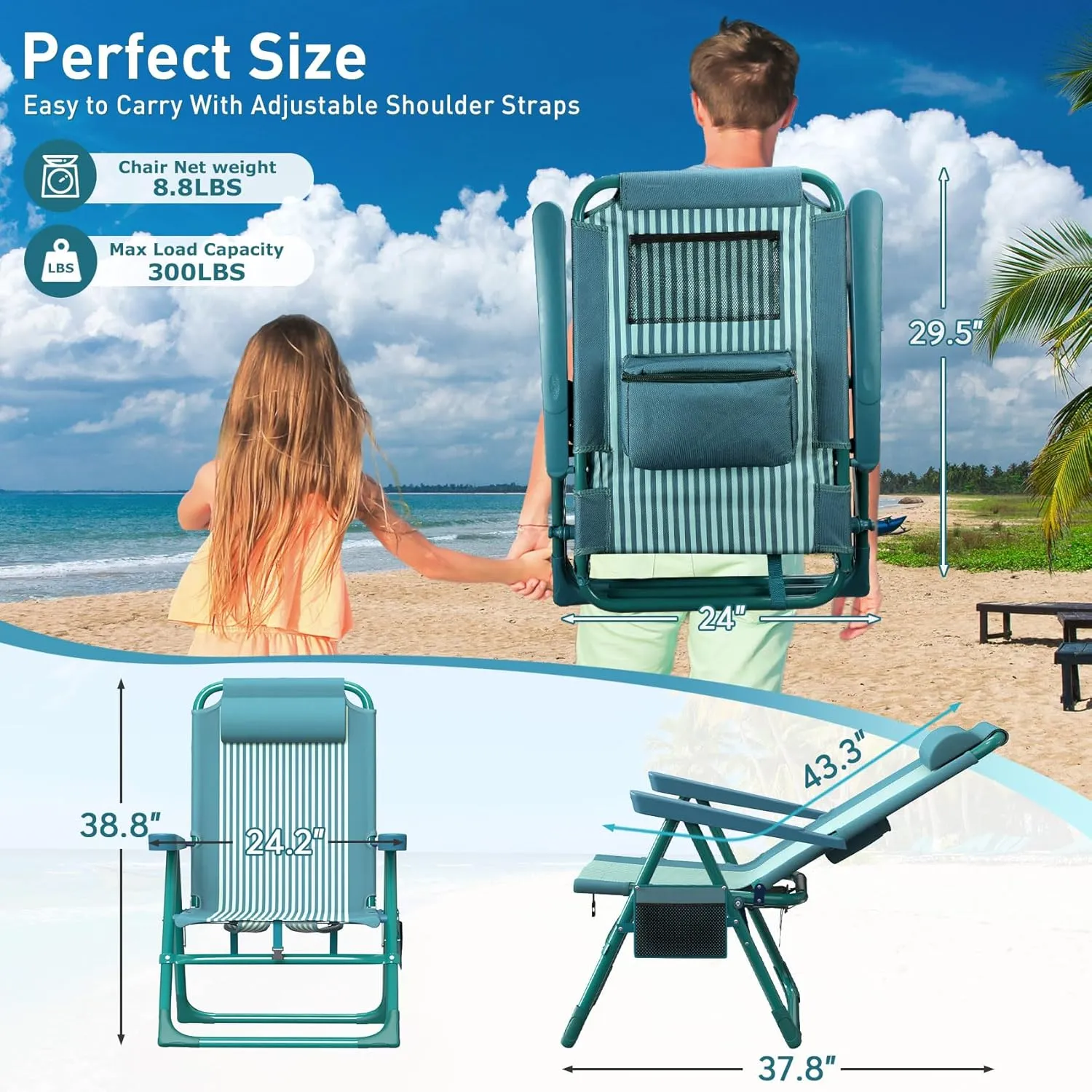 Suteck Backpack Beach Chair, 6-Positions Beach Chairs for Adults with Cooler Bag, Reclining Beach Chair with Cup Holder Folding Camping Chair for Sand Outdoor
