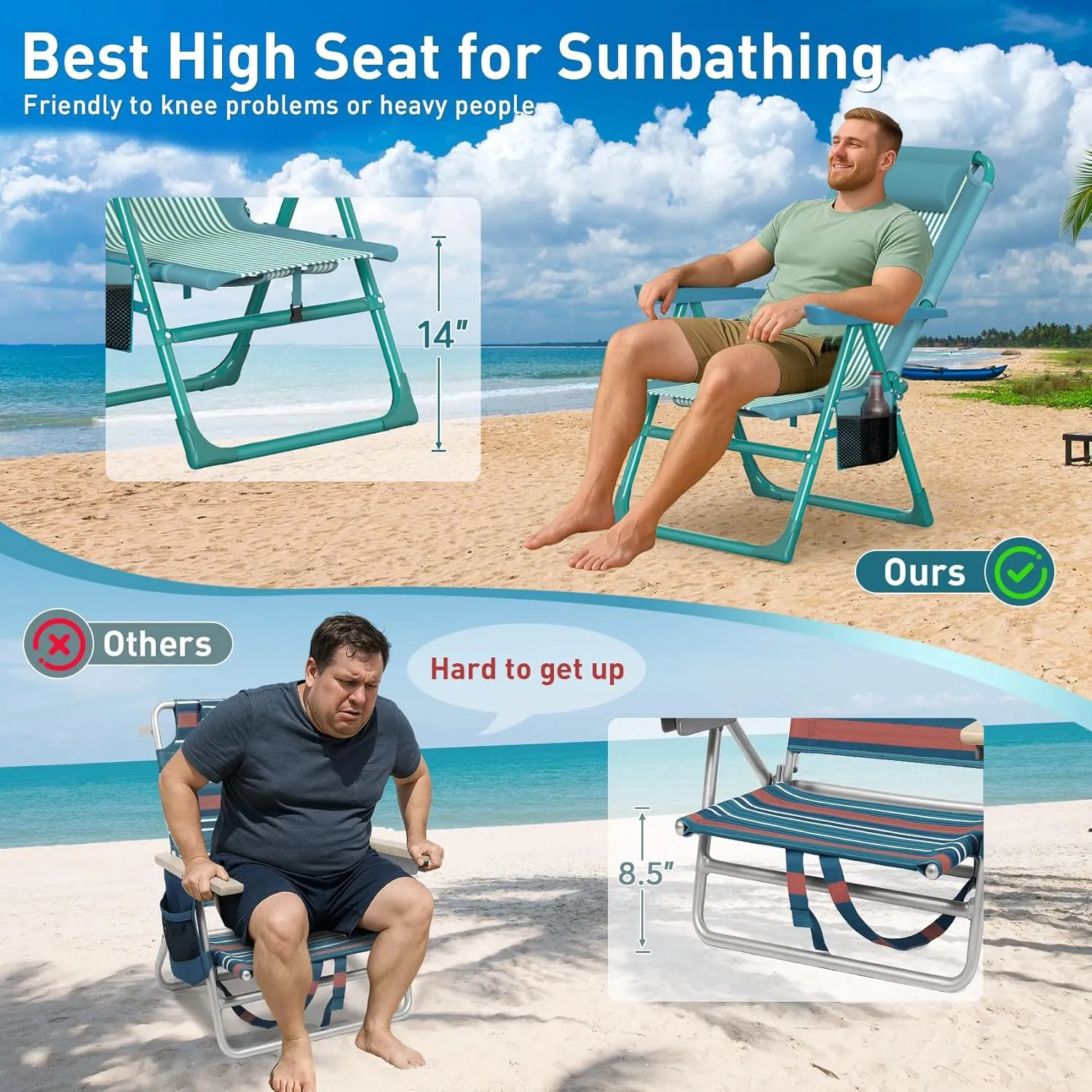 Suteck Backpack Beach Chair, 6-Positions Beach Chairs for Adults with Cooler Bag, Reclining Beach Chair with Cup Holder Folding Camping Chair for Sand Outdoor