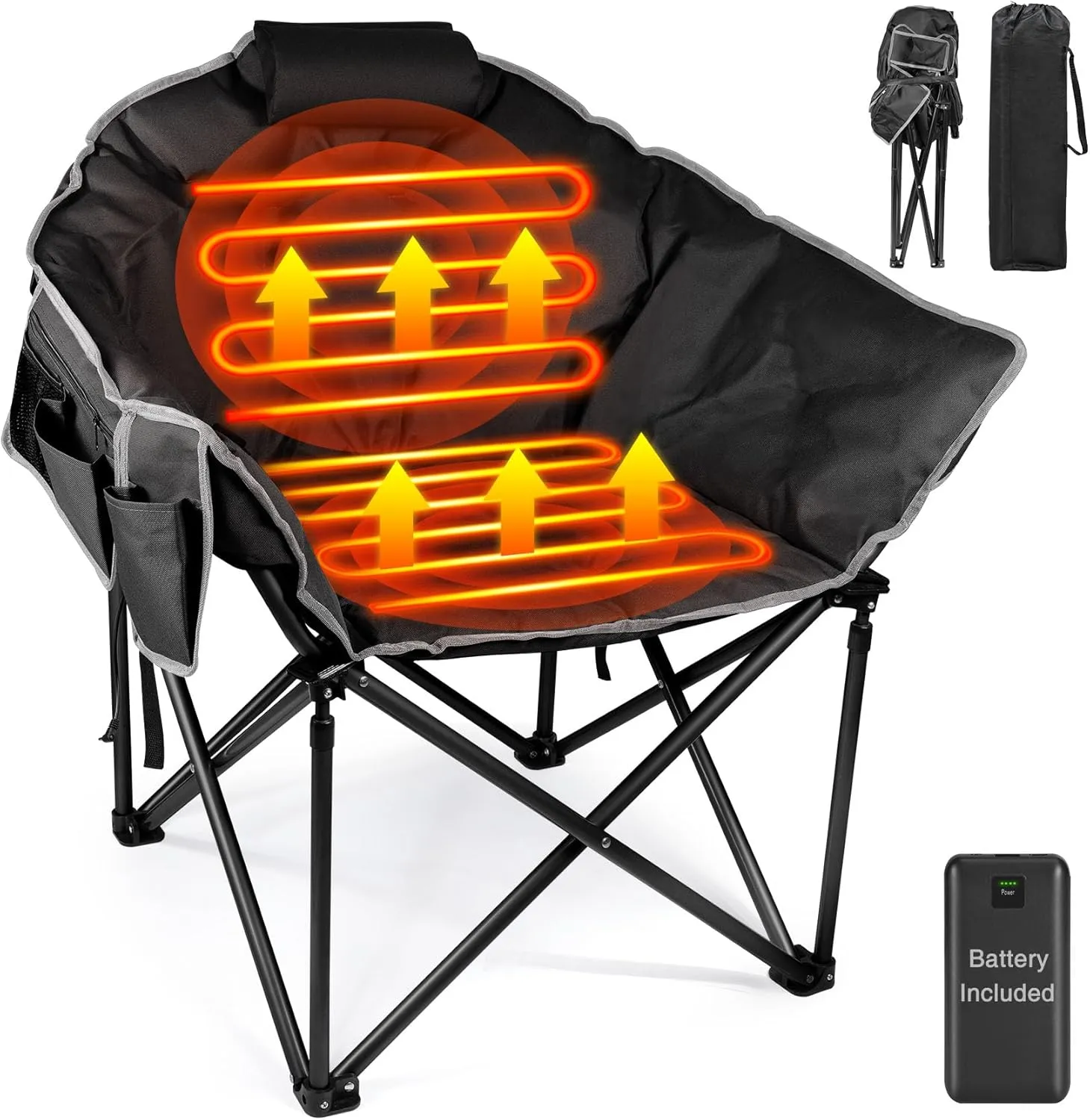Suteck Heated Camping Chair, Oversized Outdoor Portable Heated Folding Chairs with 12V 20,000mAh Power Bank, Heated Foldable Chair Seat, Heating Chair for Outdoor Sports Camping Patio