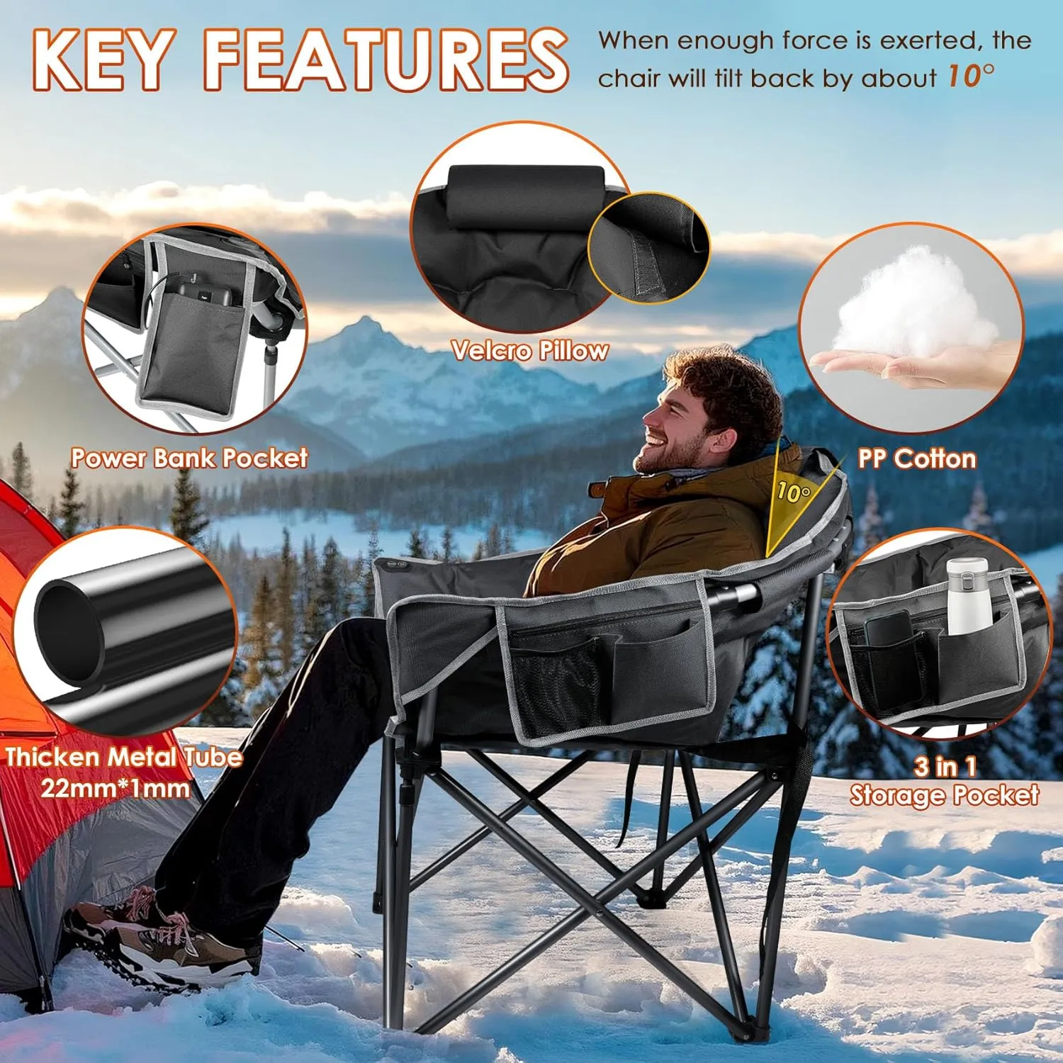Suteck Heated Camping Chair, Oversized Outdoor Portable Heated Folding Chairs with 12V 20,000mAh Power Bank, Heated Foldable Chair Seat, Heating Chair for Outdoor Sports Camping Patio