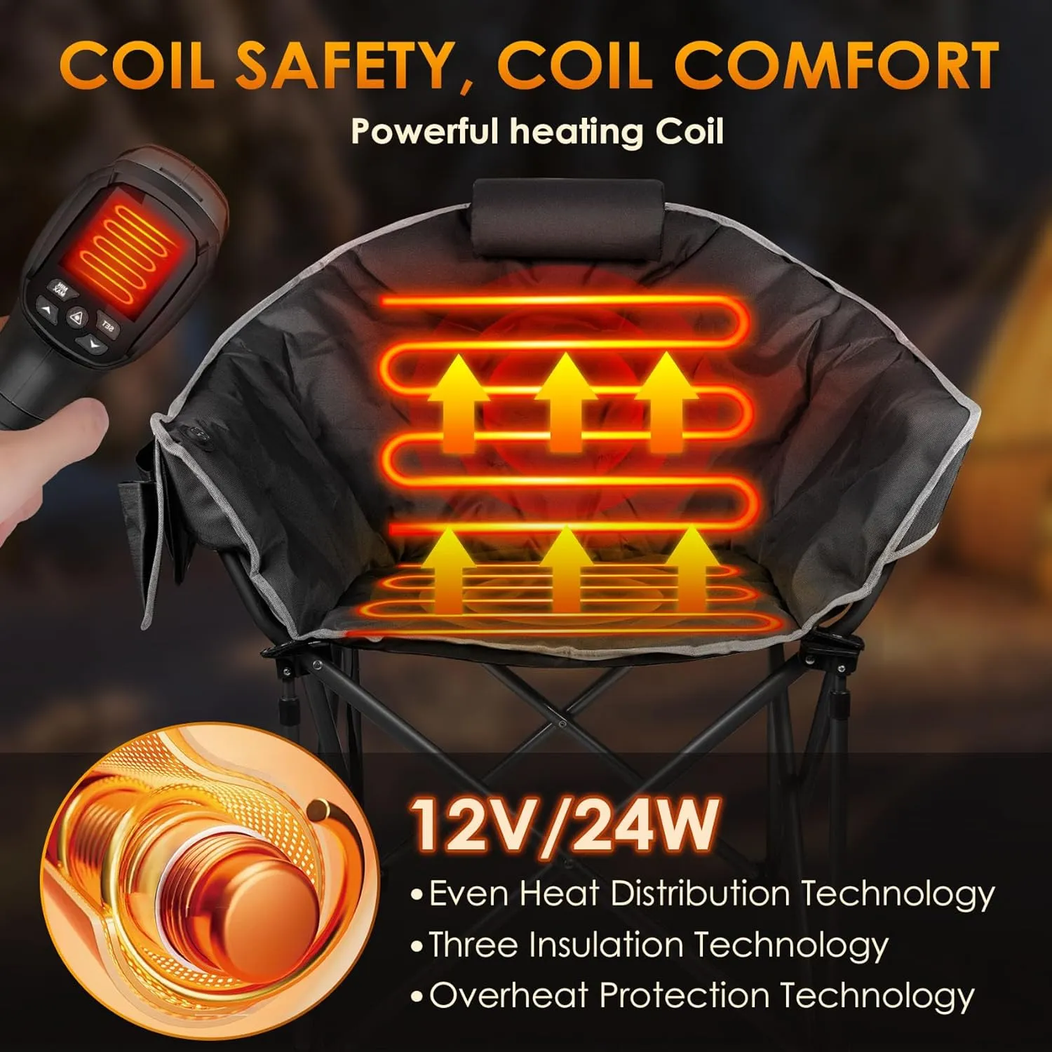Suteck Heated Camping Chair, Oversized Outdoor Portable Heated Folding Chairs with 12V 20,000mAh Power Bank, Heated Foldable Chair Seat, Heating Chair for Outdoor Sports Camping Patio