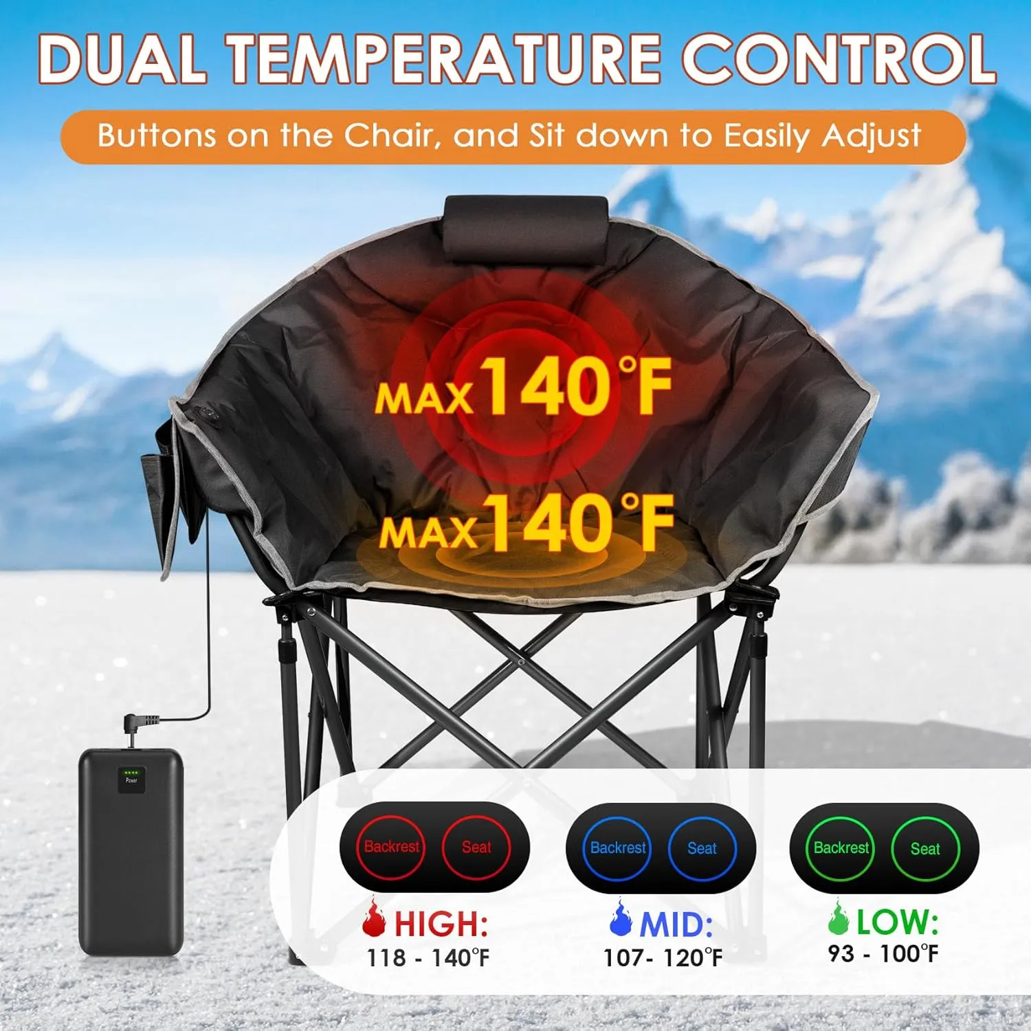Suteck Heated Camping Chair, Oversized Outdoor Portable Heated Folding Chairs with 12V 20,000mAh Power Bank, Heated Foldable Chair Seat, Heating Chair for Outdoor Sports Camping Patio