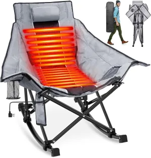 Suteck Heated Rocking Camping Chair, XL Oversized Rocking Chair Outdoor with 3 Heat Levels for Back and Seat, Heated Chairs Outdoor Sports for Patio Lawn Picnic Travel, Battery(Not Included)