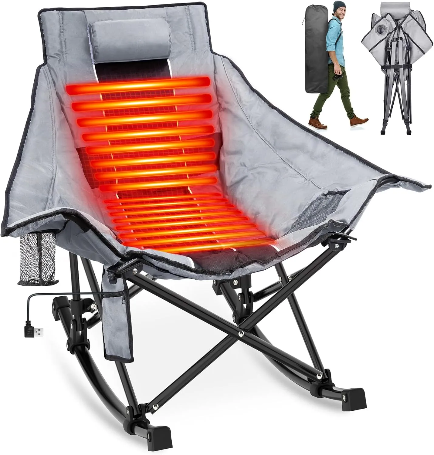 Suteck Heated Rocking Camping Chair, XL Oversized Rocking Chair Outdoor with 3 Heat Levels for Back and Seat, Heated Chairs Outdoor Sports for Patio Lawn Picnic Travel, Battery(Not Included)
