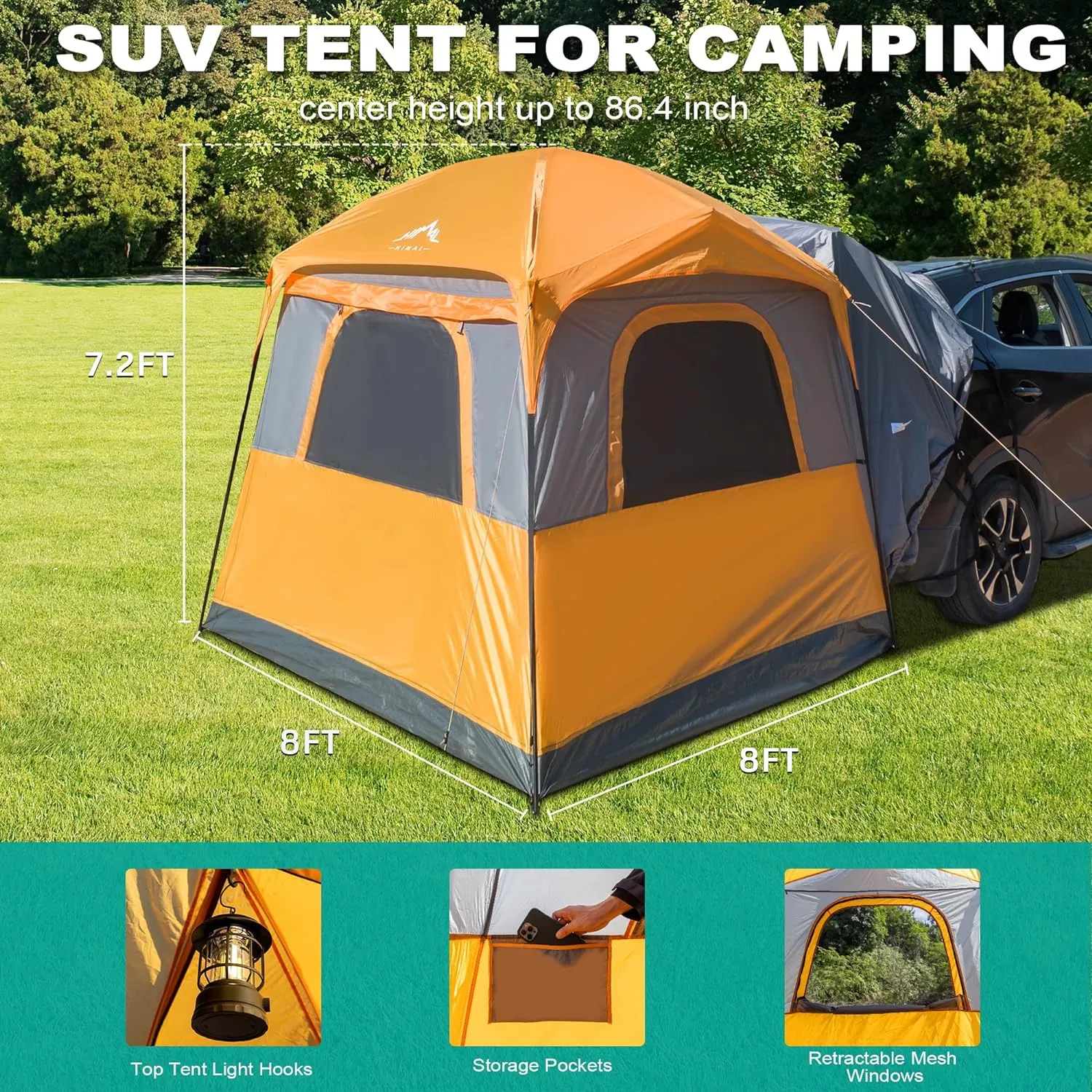 SUV Tent for Camping,Waterproof PU2000mm, Fits 5-8 People,Spacious Double Layer Design, Includes Rainfly & Storage Bag, 8FT L x 8FT W x 7.2FT H