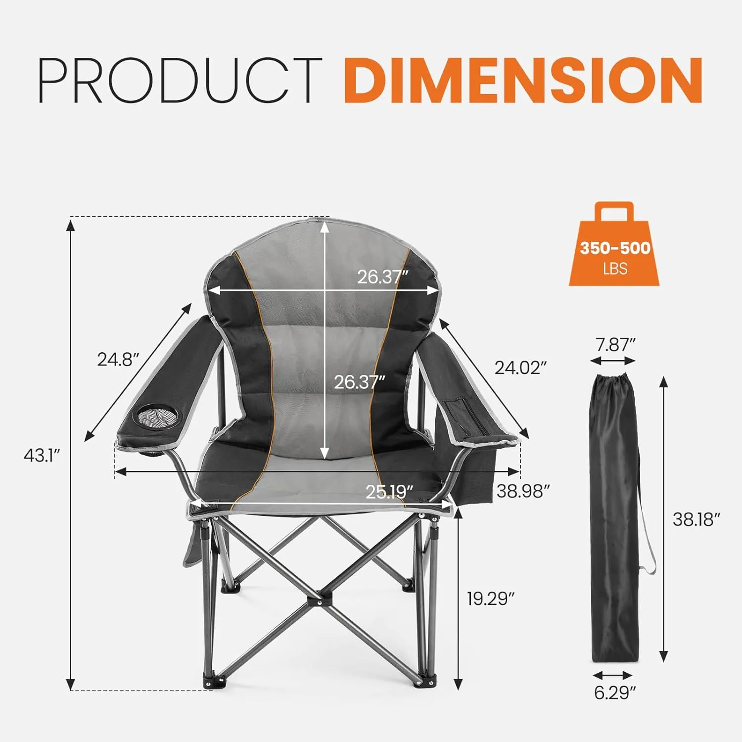 Sweetcrispy Camping Folding Chair, Heavy Duty Support - Foldable Padded Seat with Side Pockets, Cup Holder & Insulated Cooler Bag for Camping, Beach, Fishing, Outdoor Events, BlackGrey