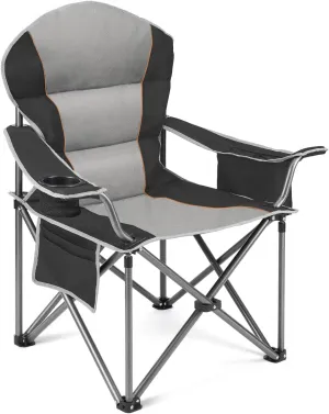 Sweetcrispy Camping Folding Chair, Heavy Duty Support - Foldable Padded Seat with Side Pockets, Cup Holder & Insulated Cooler Bag for Camping, Beach, Fishing, Outdoor Events, BlackGrey