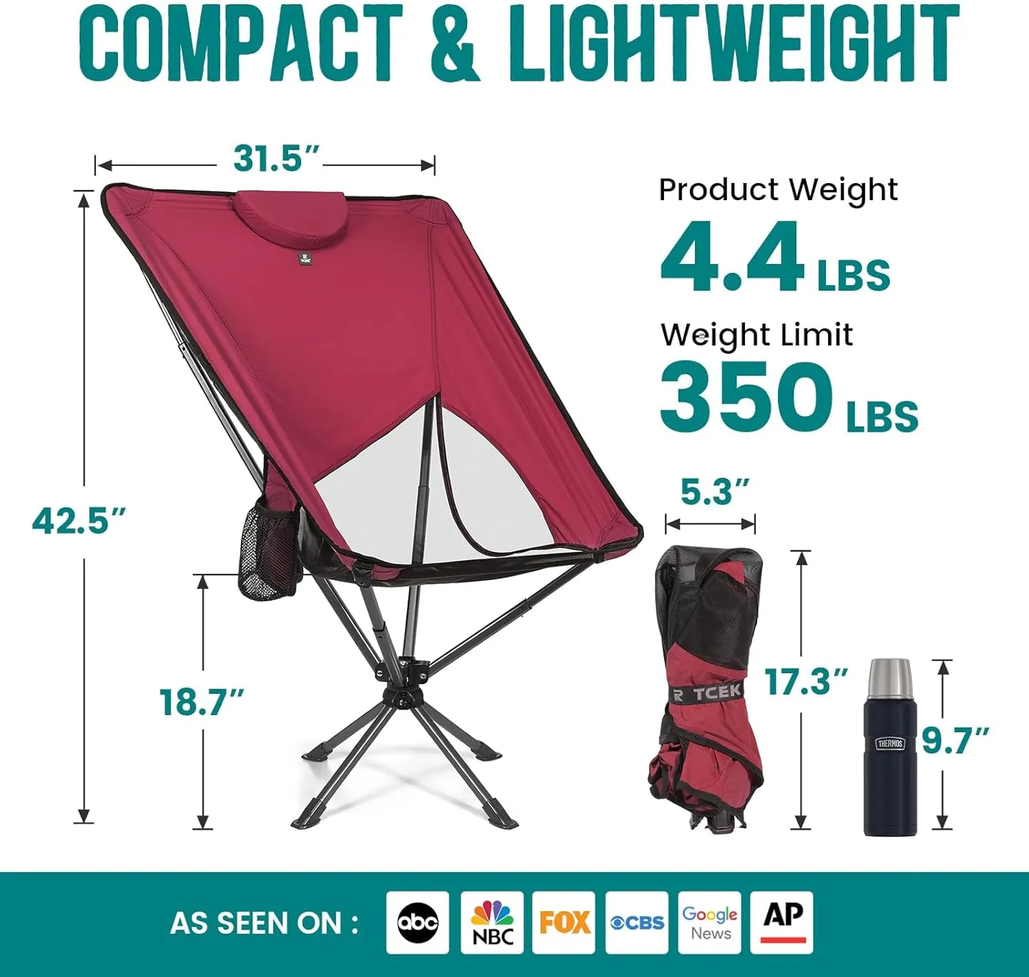 Swivel Portable High Back Camping Chair Small Compact Lightweight Folding Chairs for Adults, Outdoor Collapsible Backpack Chair for Camp, Travel, Sports, Easy Carry and Quick Setup