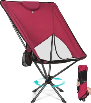 Swivel Portable High Back Camping Chair Small Compact Lightweight Folding Chairs for Adults, Outdoor Collapsible Backpack Chair for Camp, Travel, Sports, Easy Carry and Quick Setup