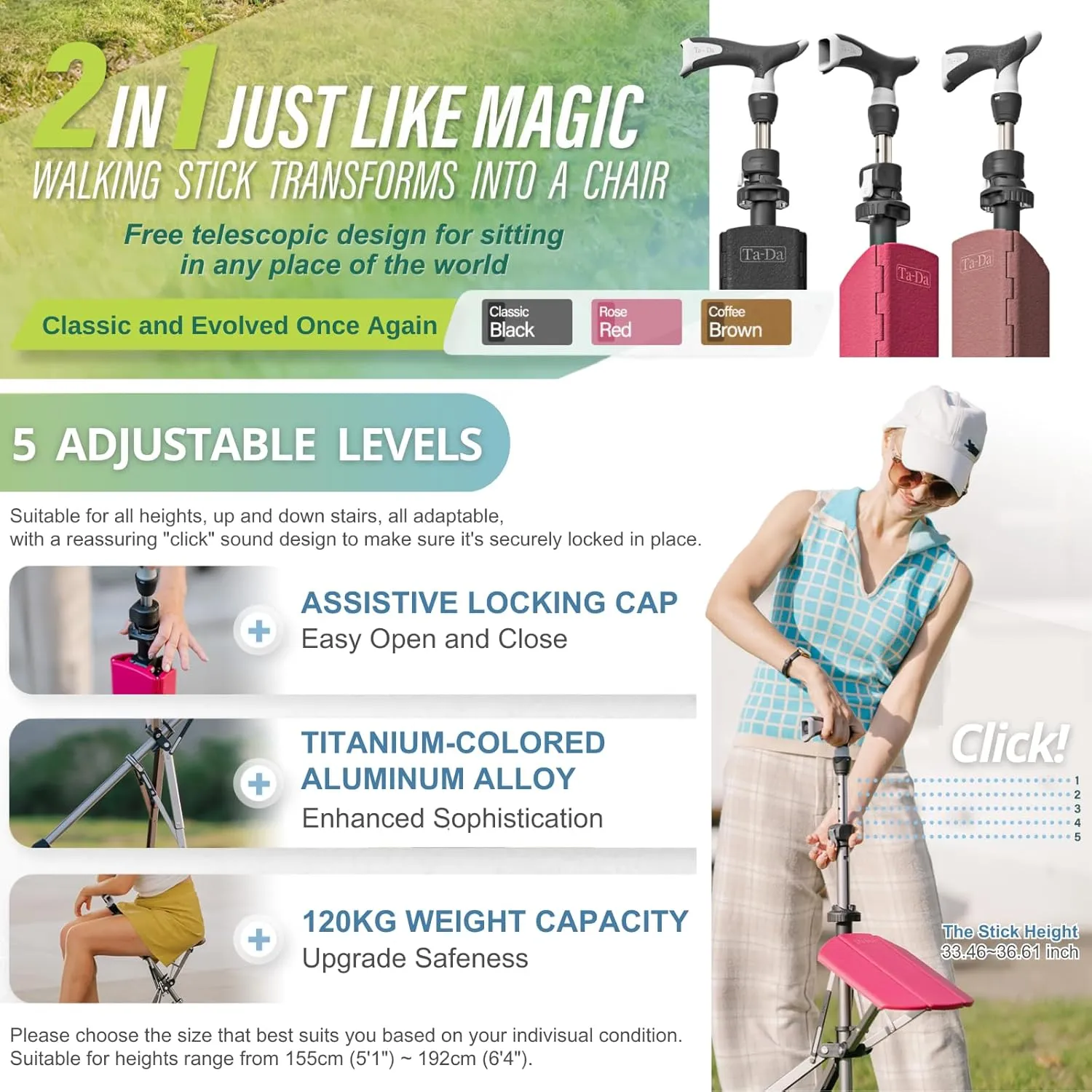 Ta-Da Chair Series 1 Pro, Portable Trekking Hiking Pole, Folding Walking Stick with Seat, Walking Cane with Chair, Foldable Chair, Lightweight Aluminum, Easy Carry and Storage, Anti-Slip