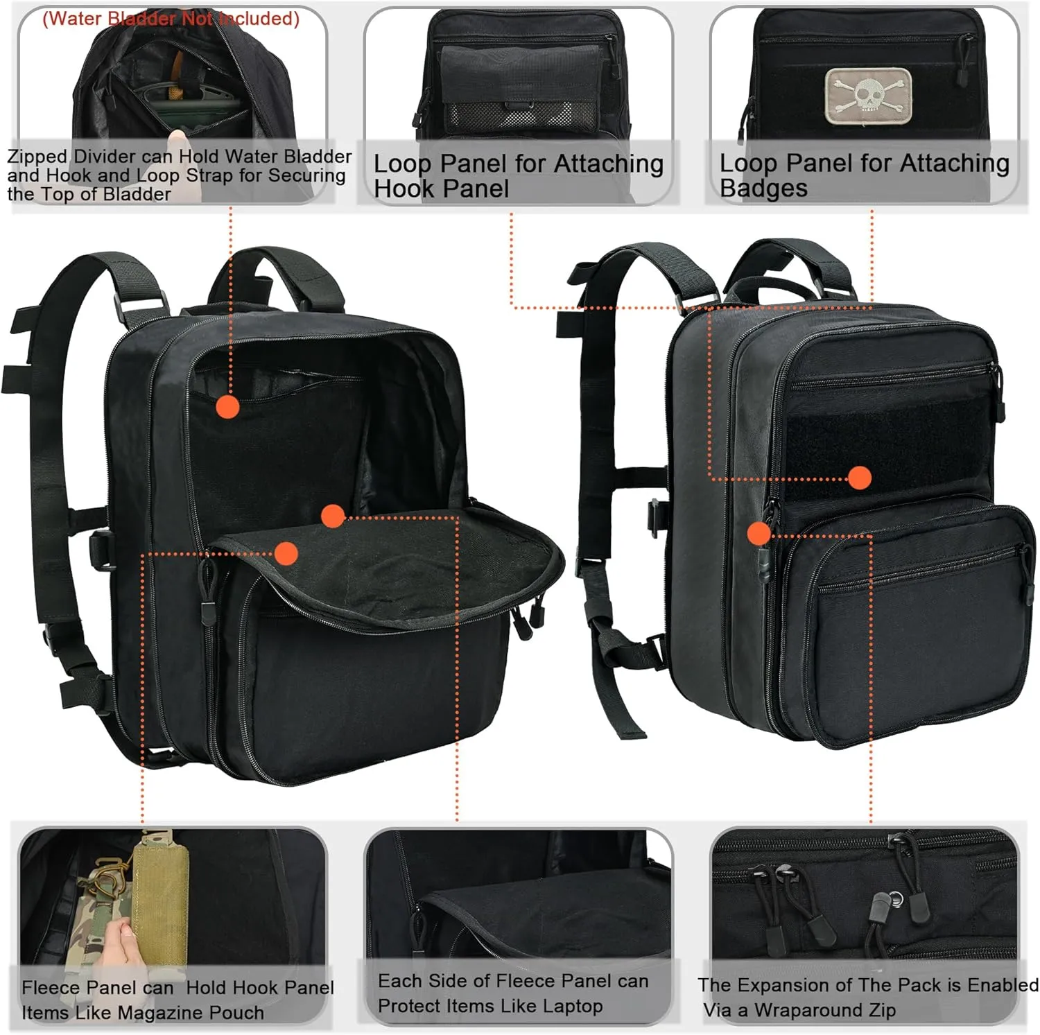 Tactical Expandable Flatpack, Chest Rig Backpack MOLLE Assault Pack Hydration Pack for PC Vest (Black)