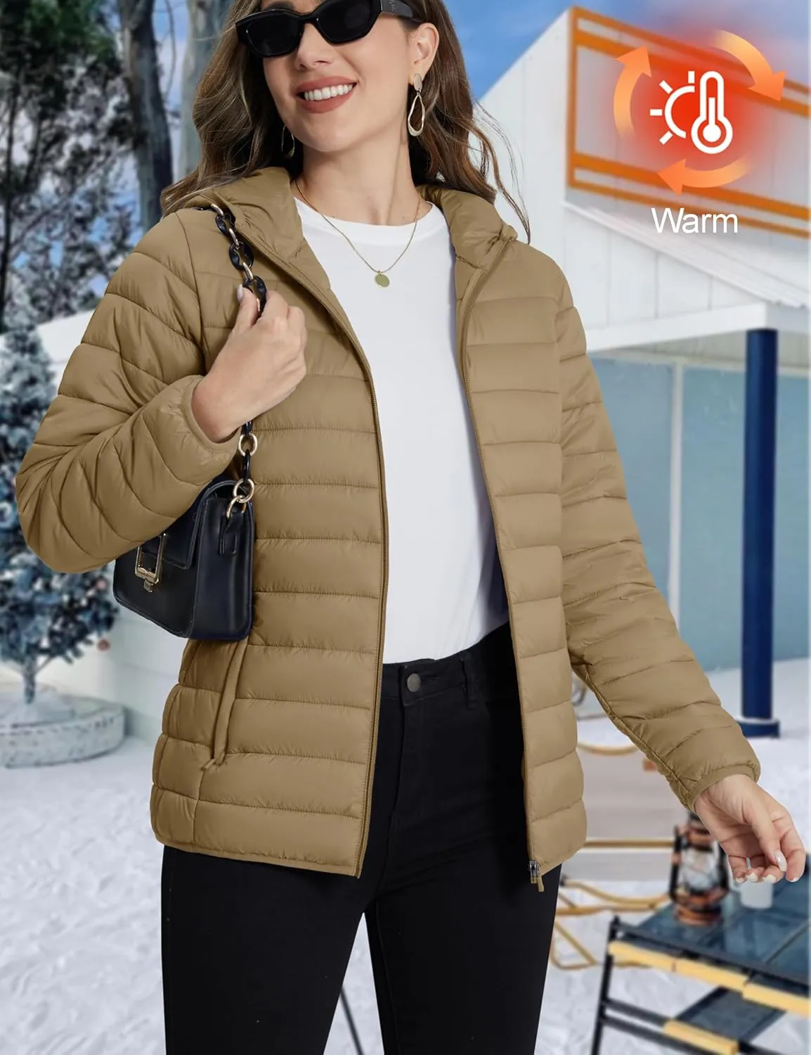 TACVASEN Women's Lightweight Puffer Jacket with Hood Pockets Quilted Padded Full-zip Winter Coat
