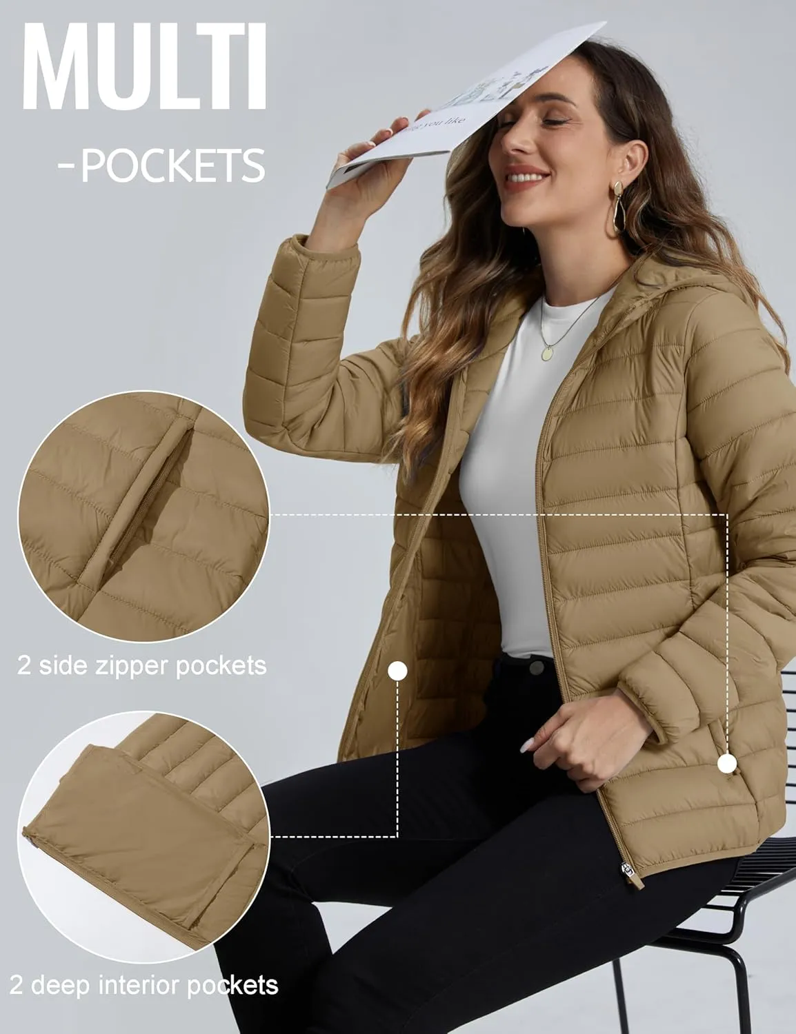 TACVASEN Women's Lightweight Puffer Jacket with Hood Pockets Quilted Padded Full-zip Winter Coat