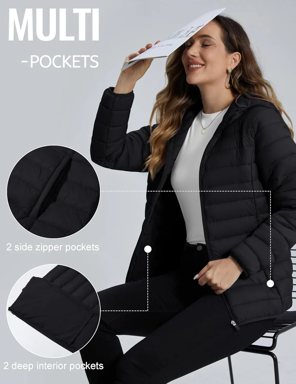 TACVASEN Women's Lightweight Puffer Jacket with Hood Pockets Quilted Padded Full-zip Winter Coat