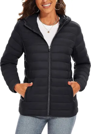 TACVASEN Women's Lightweight Puffer Jacket with Hood Pockets Quilted Padded Full-zip Winter Coat