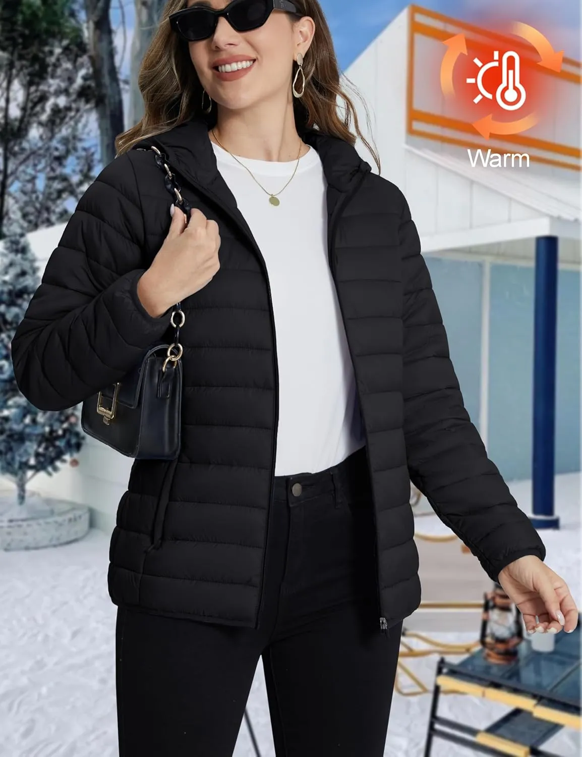 TACVASEN Women's Lightweight Puffer Jacket with Hood Pockets Quilted Padded Full-zip Winter Coat