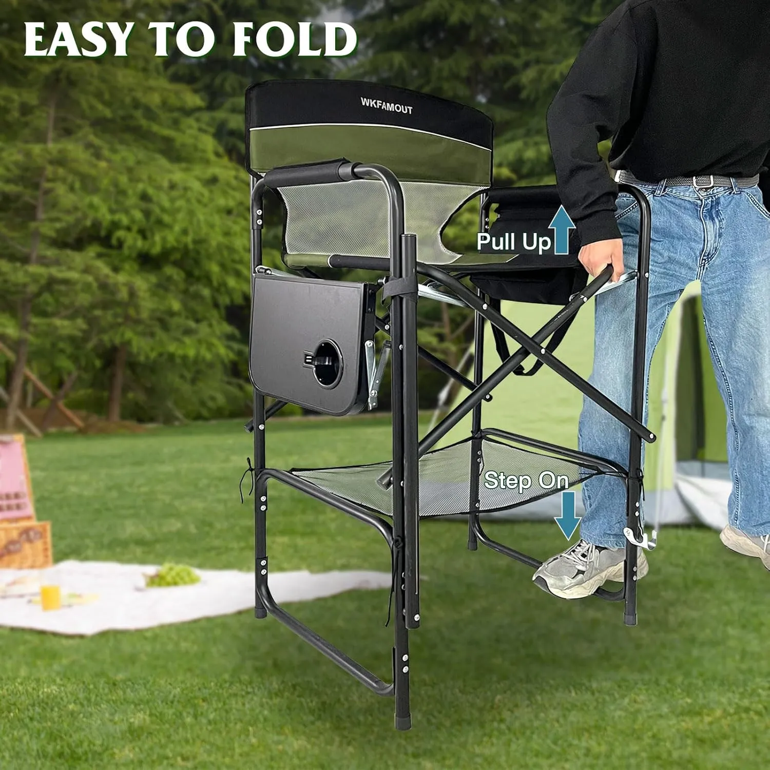 Tall Folding Director Chair 30.7" Seat Height Foldable Bar Stool for Makeup Artist Face Painting with Side Table Carry Bag and Cosmetic Bag Supports 350LBS