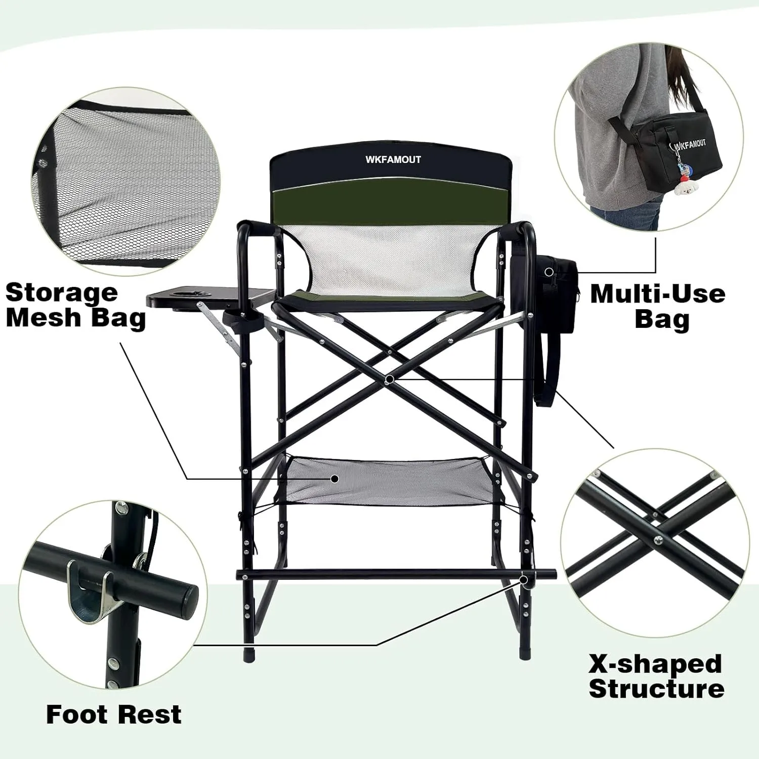 Tall Folding Director Chair 30.7" Seat Height Foldable Bar Stool for Makeup Artist Face Painting with Side Table Carry Bag and Cosmetic Bag Supports 350LBS