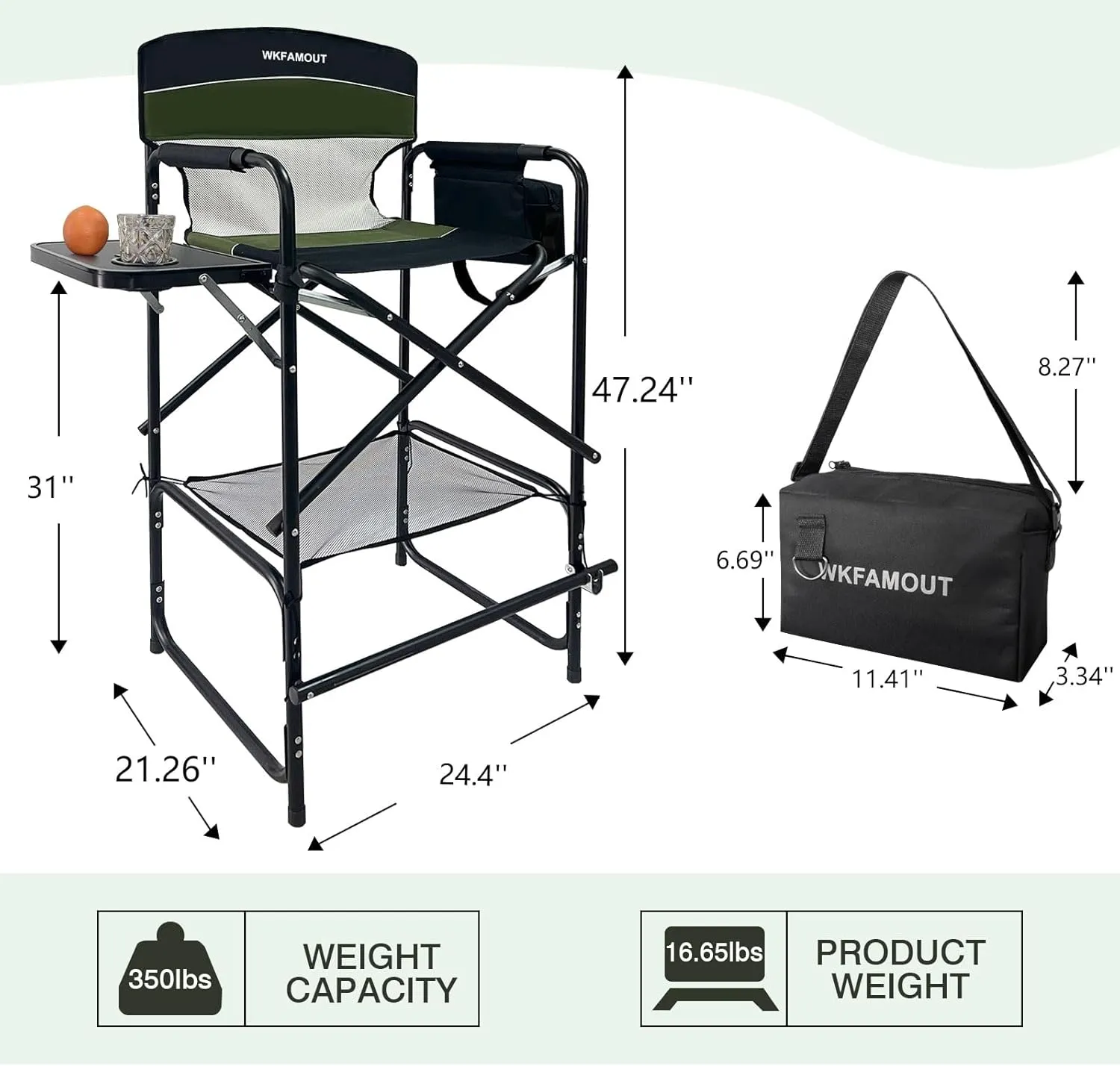 Tall Folding Director Chair 30.7" Seat Height Foldable Bar Stool for Makeup Artist Face Painting with Side Table Carry Bag and Cosmetic Bag Supports 350LBS