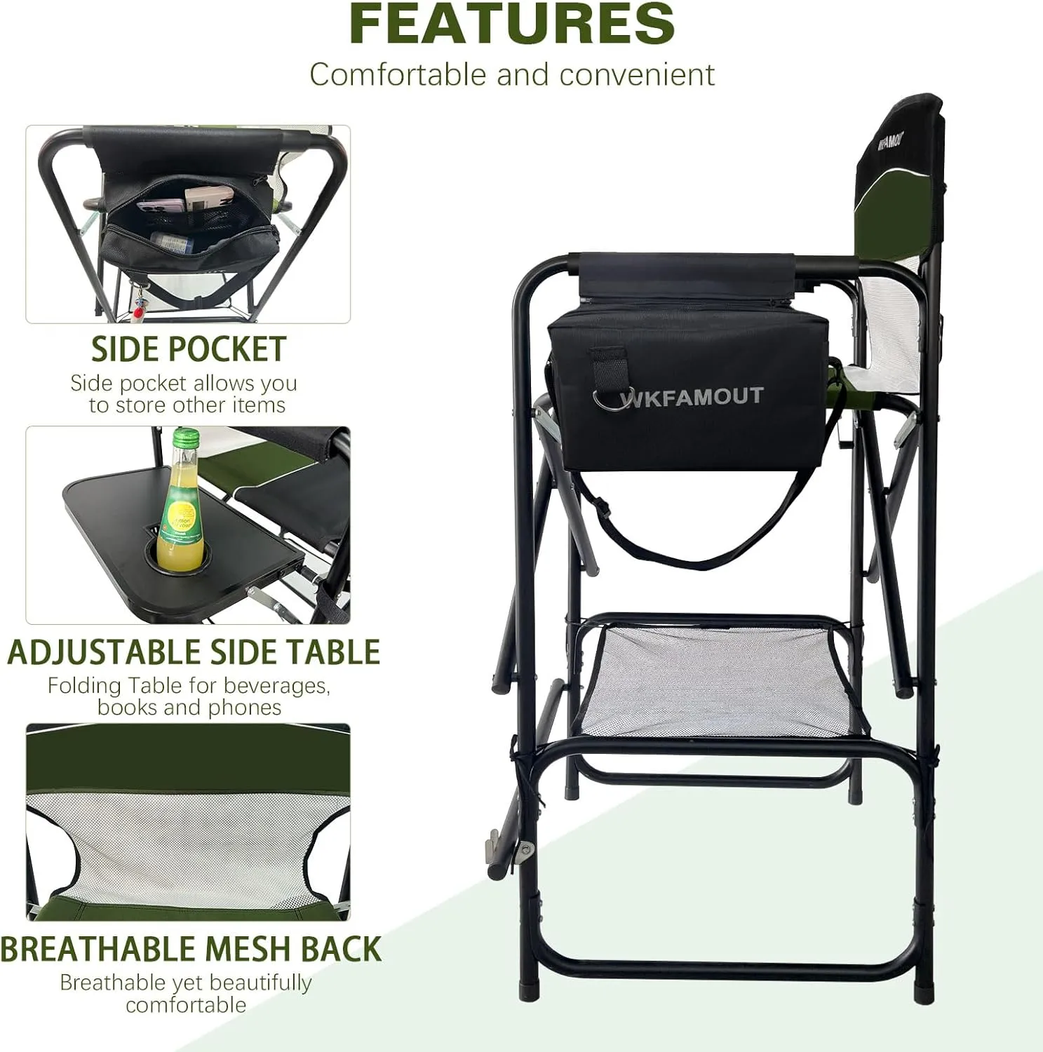 Tall Folding Director Chair 30.7" Seat Height Foldable Bar Stool for Makeup Artist Face Painting with Side Table Carry Bag and Cosmetic Bag Supports 350LBS