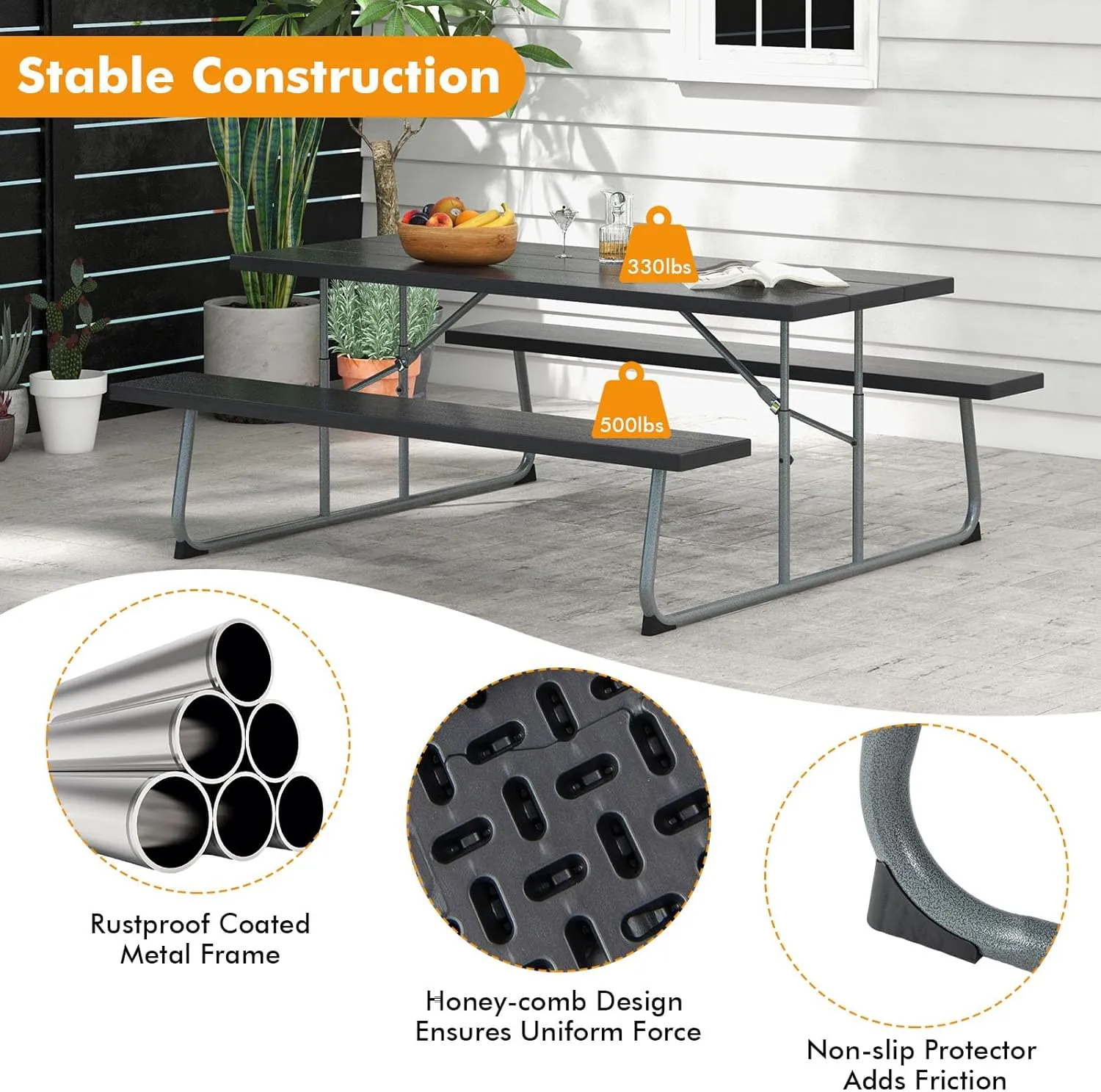 Tangkula 6 Ft Folding Picnic Table, Outdoor Picnic Table with 2 Built-in Benches, Umbrella Hole, Metal Frame & HDPE Tabletop, 8 Person Large Picnic Table and Bench Set for Garden, Backyard (Black)
