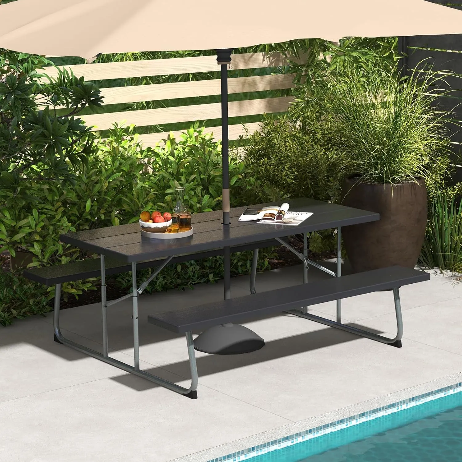 Tangkula 6 Ft Folding Picnic Table, Outdoor Picnic Table with 2 Built-in Benches, Umbrella Hole, Metal Frame & HDPE Tabletop, 8 Person Large Picnic Table and Bench Set for Garden, Backyard (Black)