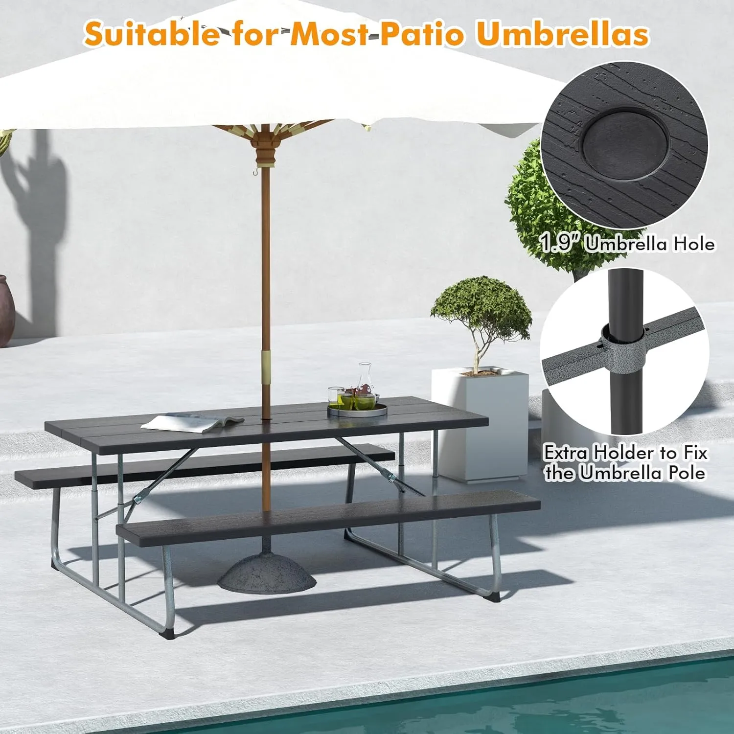 Tangkula 6 Ft Folding Picnic Table, Outdoor Picnic Table with 2 Built-in Benches, Umbrella Hole, Metal Frame & HDPE Tabletop, 8 Person Large Picnic Table and Bench Set for Garden, Backyard (Black)