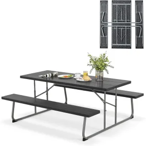 Tangkula 6 Ft Folding Picnic Table, Outdoor Picnic Table with 2 Built-in Benches, Umbrella Hole, Metal Frame & HDPE Tabletop, 8 Person Large Picnic Table and Bench Set for Garden, Backyard (Black)