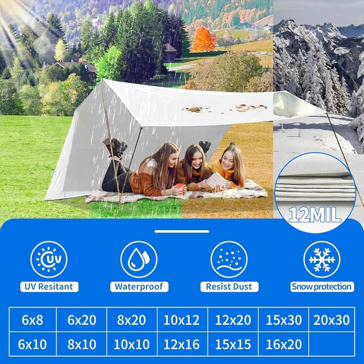 Tarp 8x10 ft Heavy Duty 12mil 100% Waterproof High Durability Multipurpose,Uv Resistant,White Tarp Suitable for Swimming Pools, Boats, Camping, Courtyards, Etc -by MVPNET