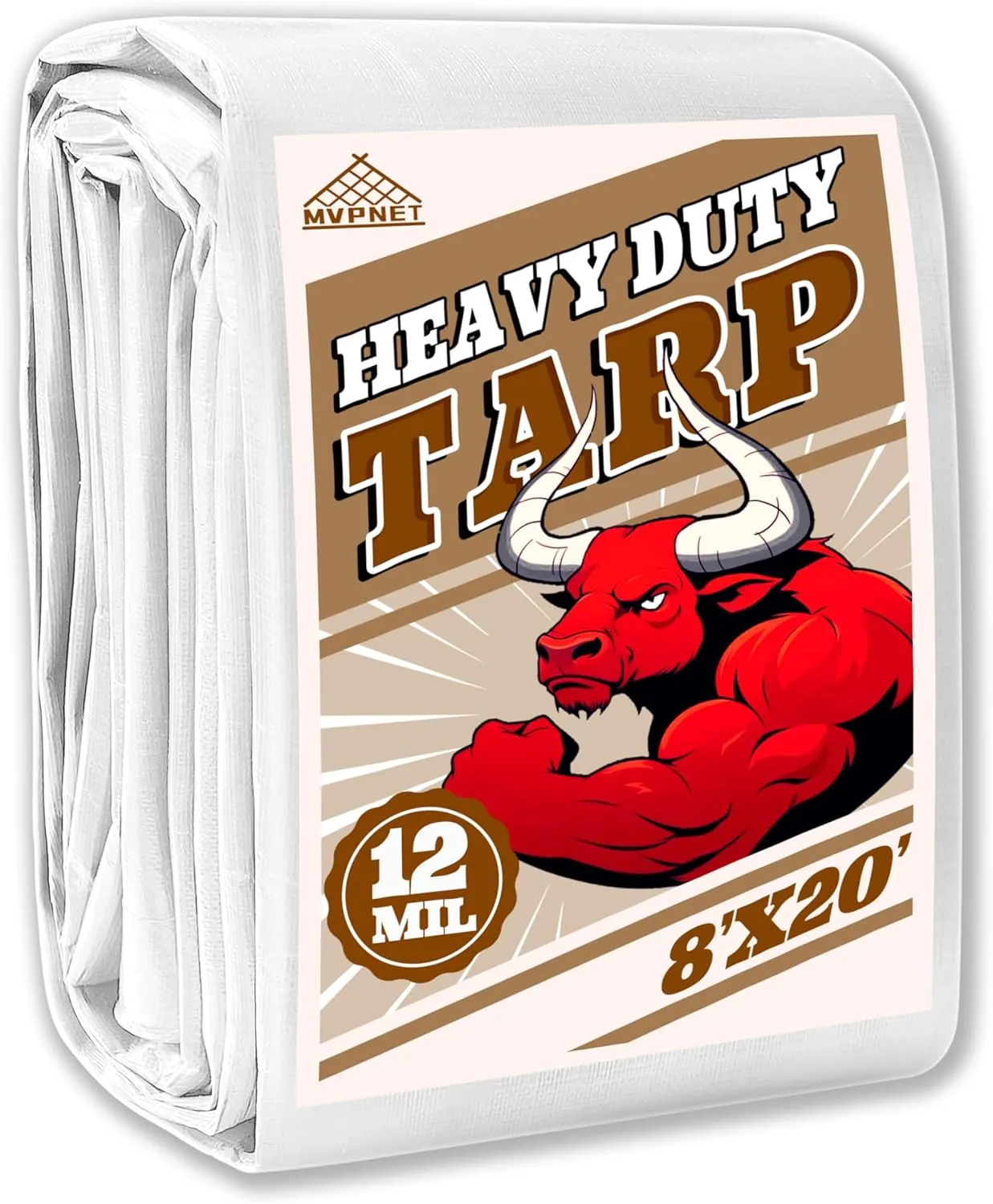 Tarp 8x20 ft Heavy Duty 12mil 100% Waterproof High Durability Multipurpose,Uv Resistant,White Tarp Suitable for Swimming Pools, Boats, Camping, Courtyards, Etc -by MVPNET