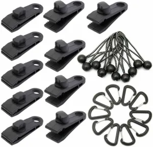 Tarp Clips 30pcs Outdoor Tarp Clips Heavy Duty Lock Grip Tent Fasteners Clamps with Bungee Ball Cords Carabiners for Outdoor Camping Tarps Awnings Caravan Canopies