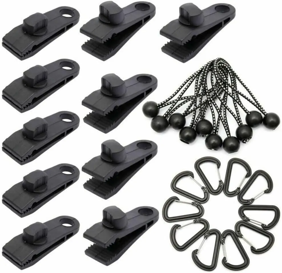 Tarp Clips 30pcs Outdoor Tarp Clips Heavy Duty Lock Grip Tent Fasteners Clamps with Bungee Ball Cords Carabiners for Outdoor Camping Tarps Awnings Caravan Canopies