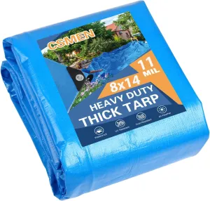 Tarp Heay Duty Waterproof 8x14ft,Blue Tarp Plastic Tarp Poly Tarpaulin Cover for Outdoor,Emergency Rain,Roof, Pool, Boat,Camping - Multipurpose with 11Mil Thickness