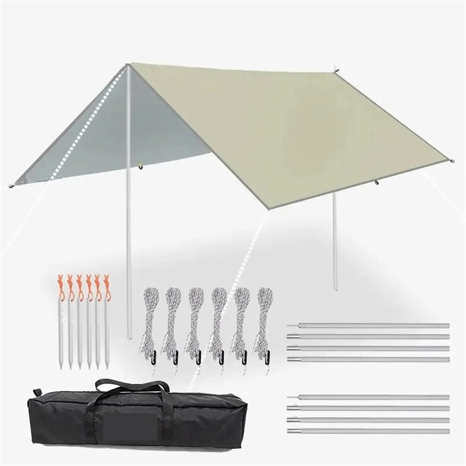 Tarp with Support Pole Rope Peg Waterproof Awning Tent Shade Garden Sunshade Outdoor Camping Sun Shelter for Outdoors, Picnic(Green,3x5m Iron Pole)