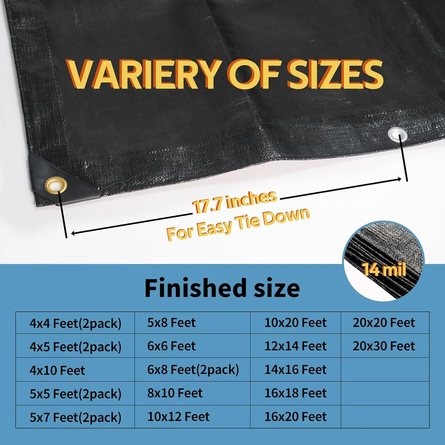 TARPAL Waterproof tarp 6x8（2Pack） Black Heavy Duty tarp 14mil polyethylene tarps Multifunctional Tarpaulin，Snow or UV Protection,Suitable for Outdoor Furniture, awnings,Roofs,Tents tarp Cover