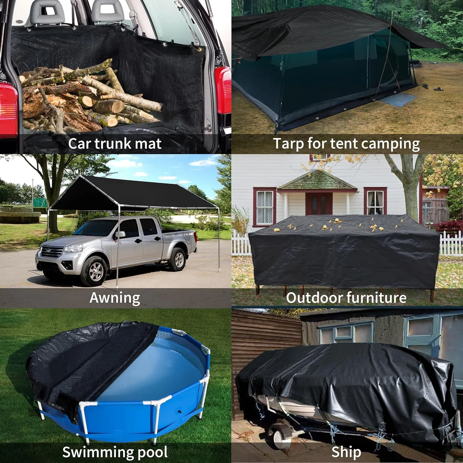 TARPAL Waterproof tarp 6x8（2Pack） Black Heavy Duty tarp 14mil polyethylene tarps Multifunctional Tarpaulin，Snow or UV Protection,Suitable for Outdoor Furniture, awnings,Roofs,Tents tarp Cover